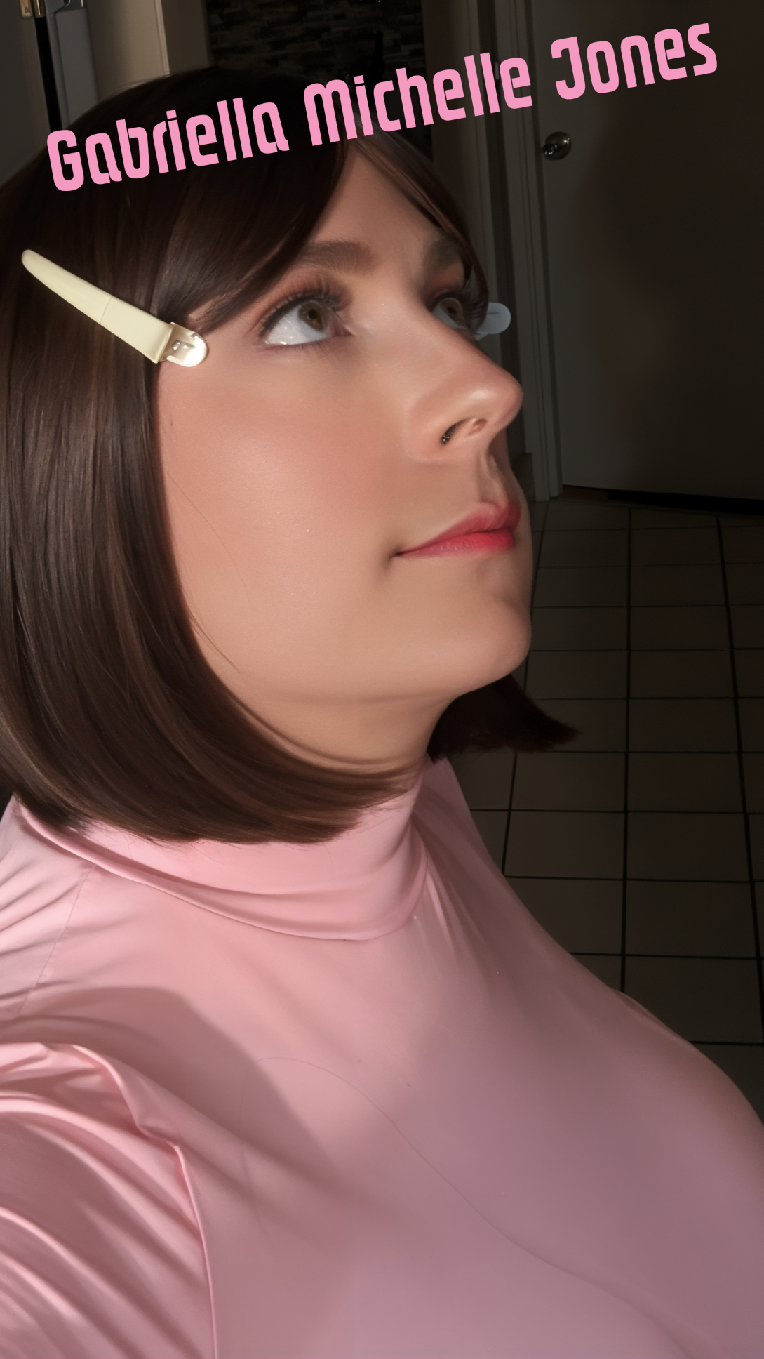 022) Short Brown Hair Tight Pink Crop Top